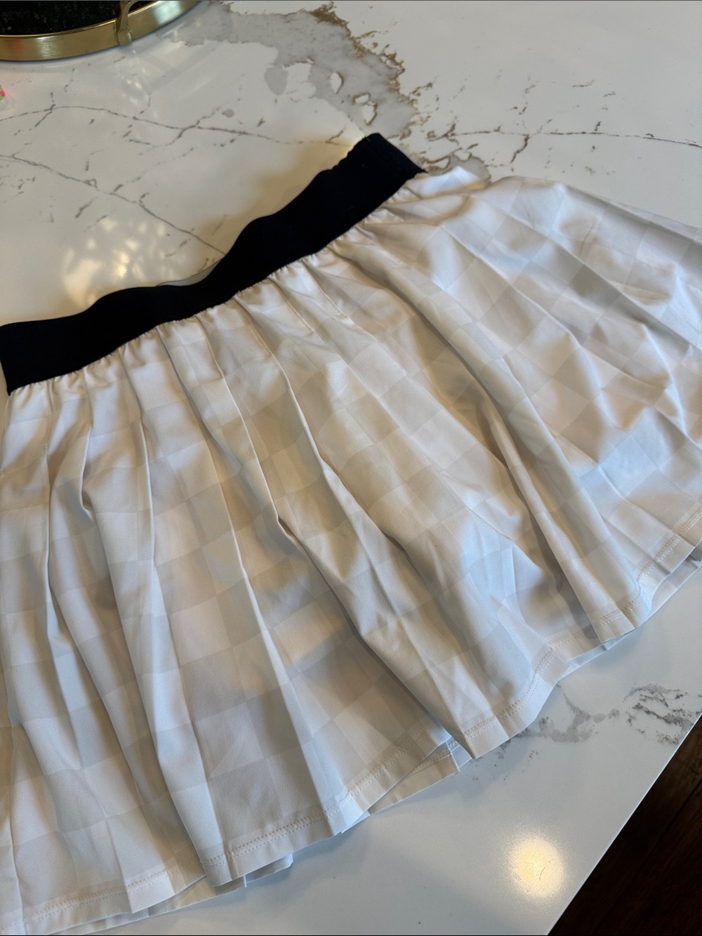 White Check Pleated Golf Skirt with Black Waistband